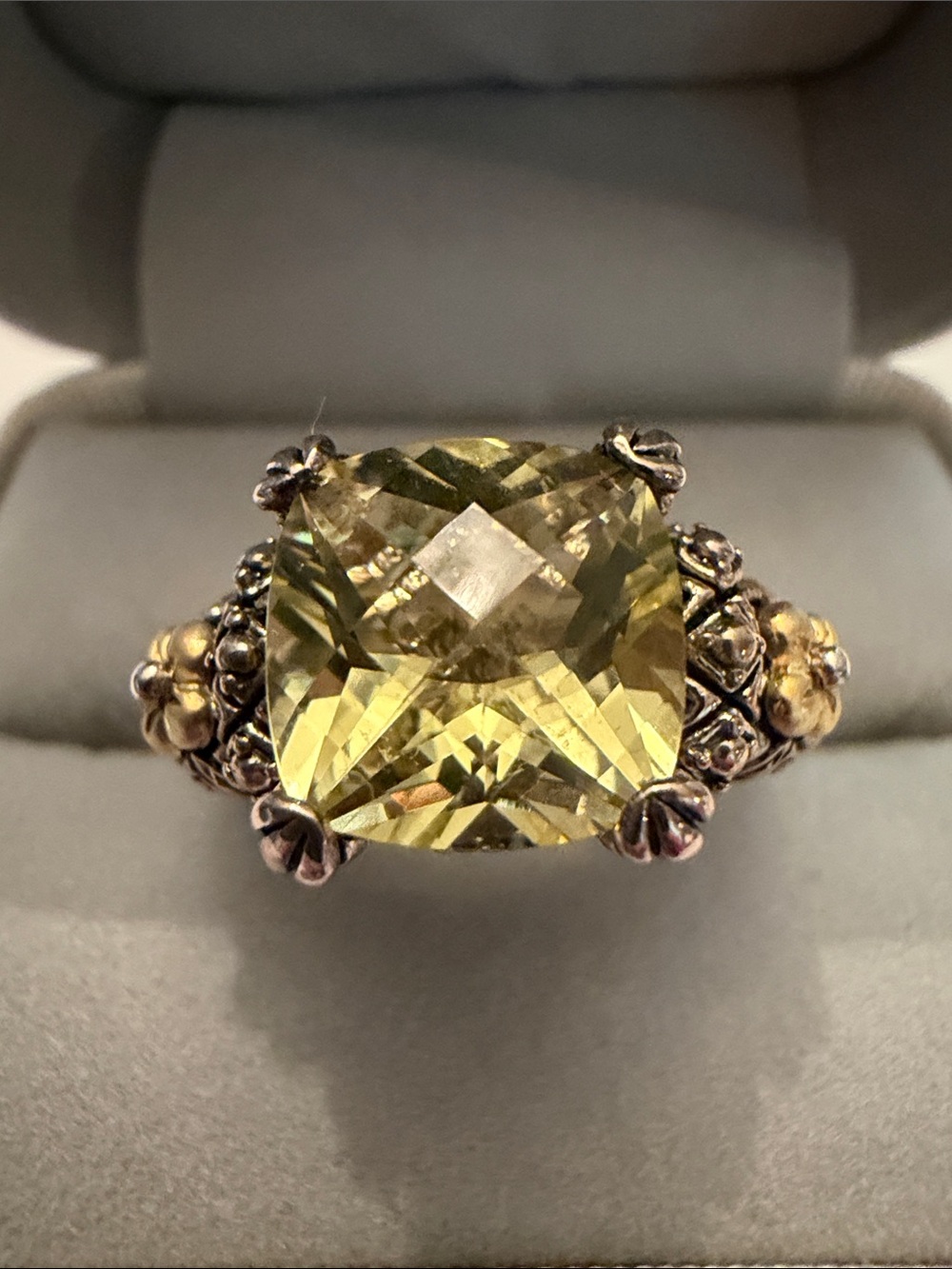 Barbara Bixby Vintage 18K 925 Lemon Quartz Cushion Ring with Floral Accents